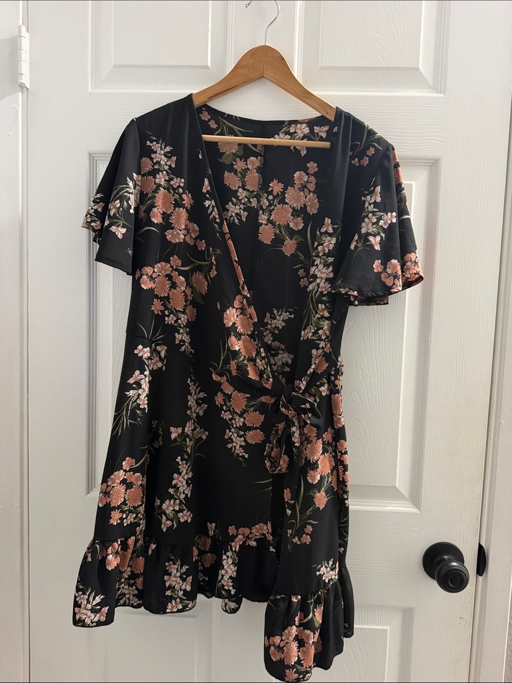 Floral Wrap Midi Dress in Black with Pink Blossoms